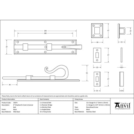 From The Anvil - Black 8" Shepherd's Crook Universal Bolt | Sku. 33074 | Trade Door Handles.