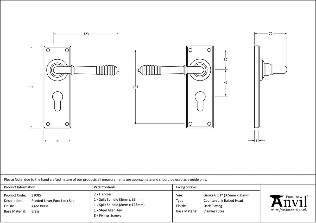 From The Anvil - Aged Brass Reeded Lever Euro Lock Set | Sku. 33085 | Trade Door Handles.