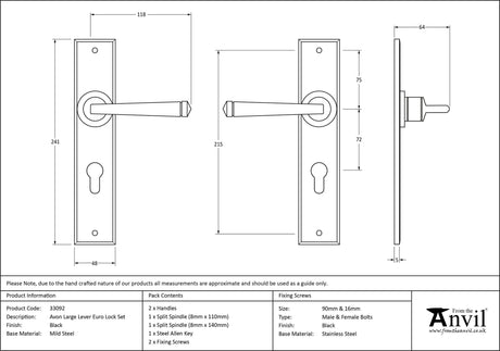From The Anvil - Black Large Avon 72mm Centre Euro Lock Set | Sku. 33092 | Trade Door Handles.