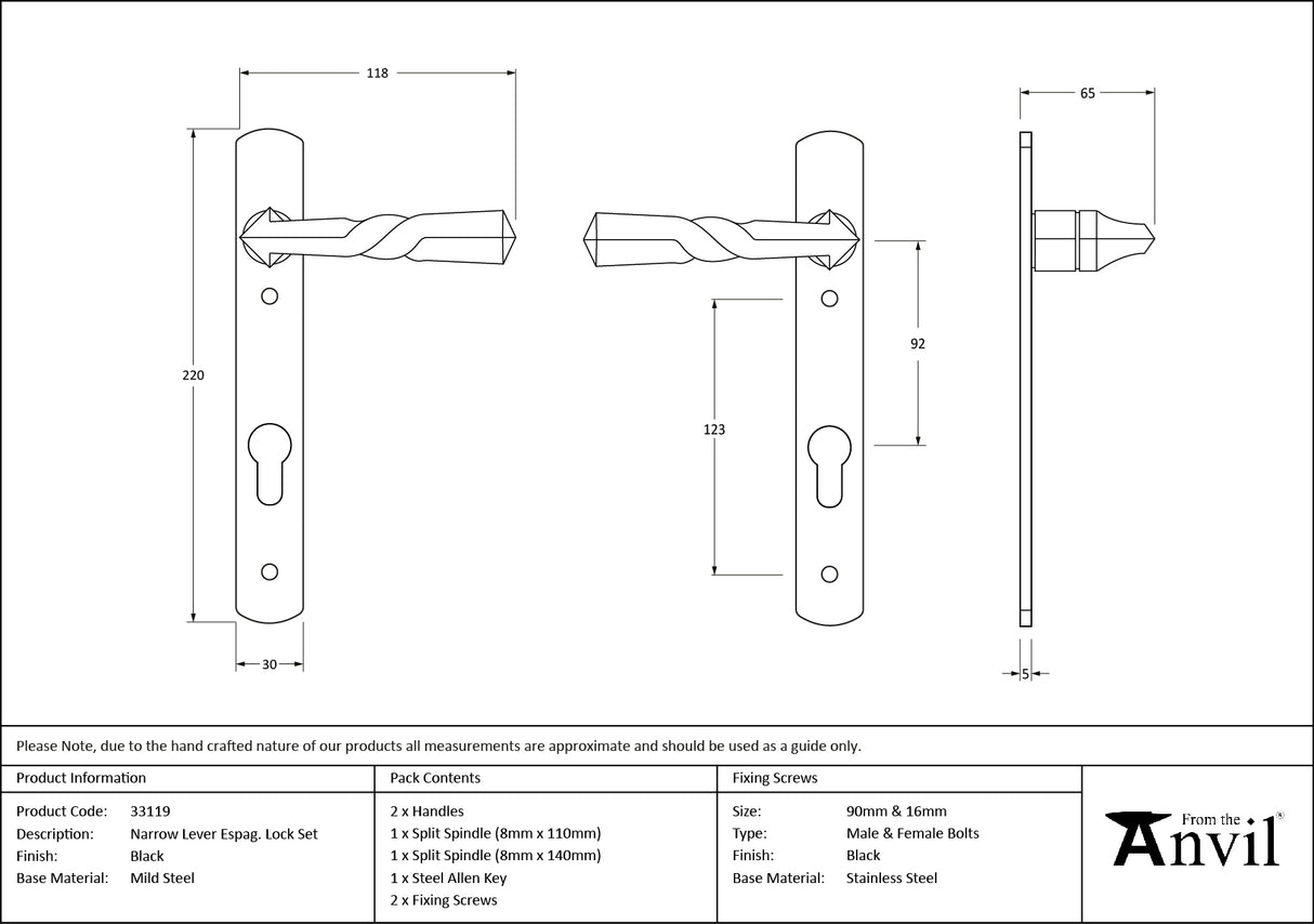 From The Anvil - Black Narrow Lever Espag. Lock Set | Sku. 33119 | Trade Door Handles.