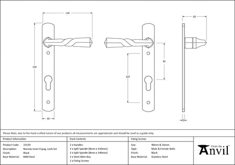 From The Anvil - Black Narrow Lever Espag. Lock Set | Sku. 33119 | Trade Door Handles.
