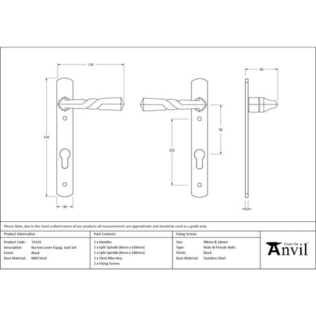 From The Anvil - Black Narrow Lever Espag. Lock Set | Sku. 33119 | Trade Door Handles.