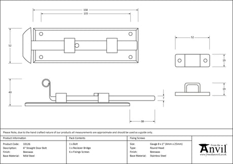 From The Anvil - Beeswax 6" Straight Door Bolt | Sku. 33126 | Trade Door Handles.
