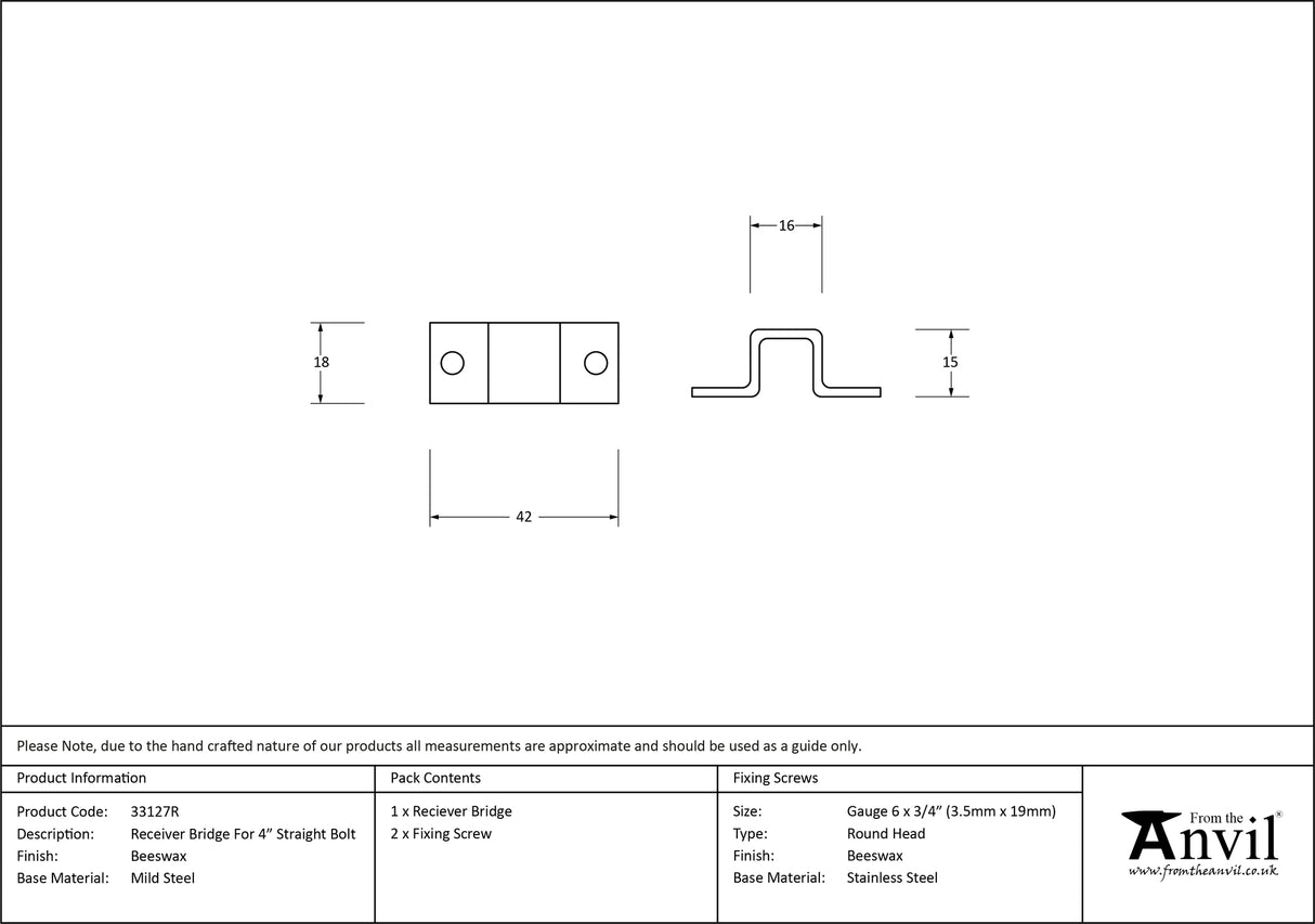 From The Anvil - Beeswax Receiver Bridge for 4" Straight Door Bolt | Sku. 33127R | Trade Door Handles.