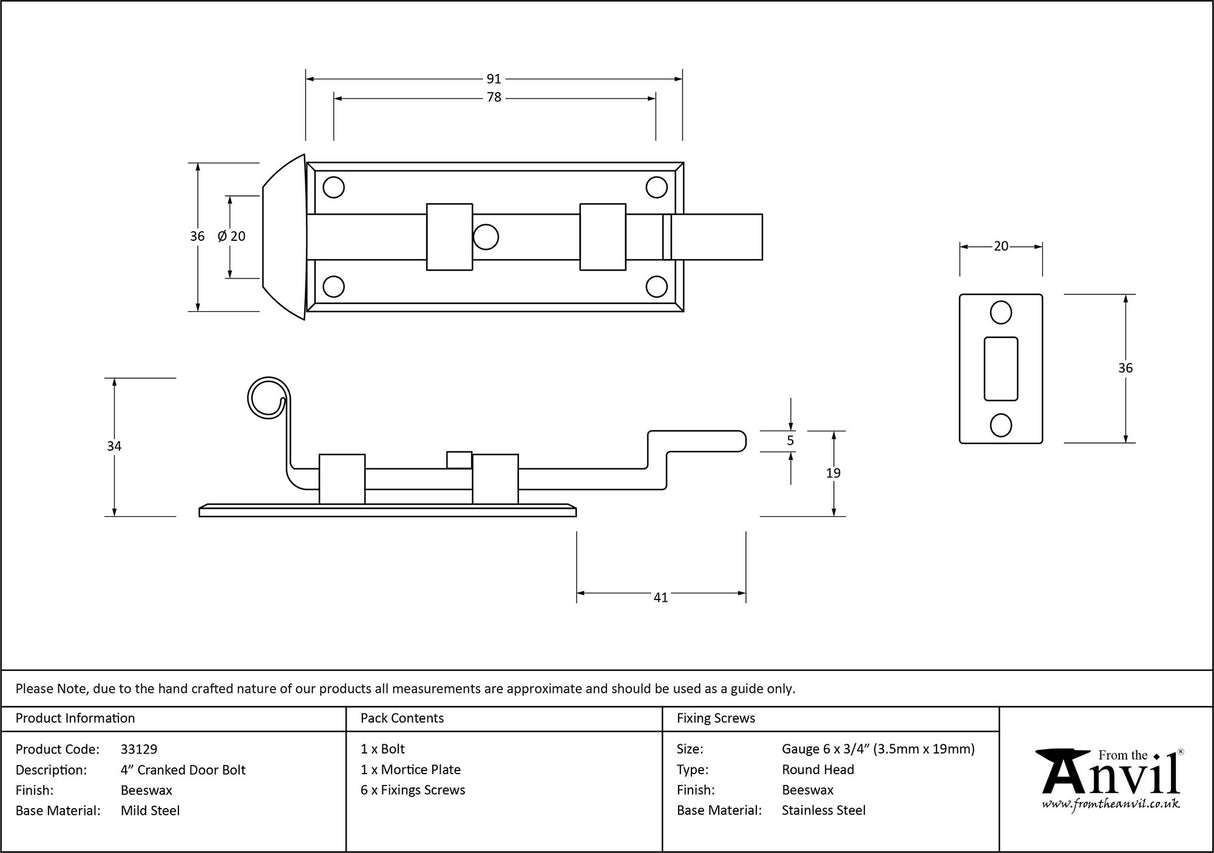 From The Anvil - Beeswax 4" Cranked Door Bolt | Sku. 33129 | Trade Door Handles.