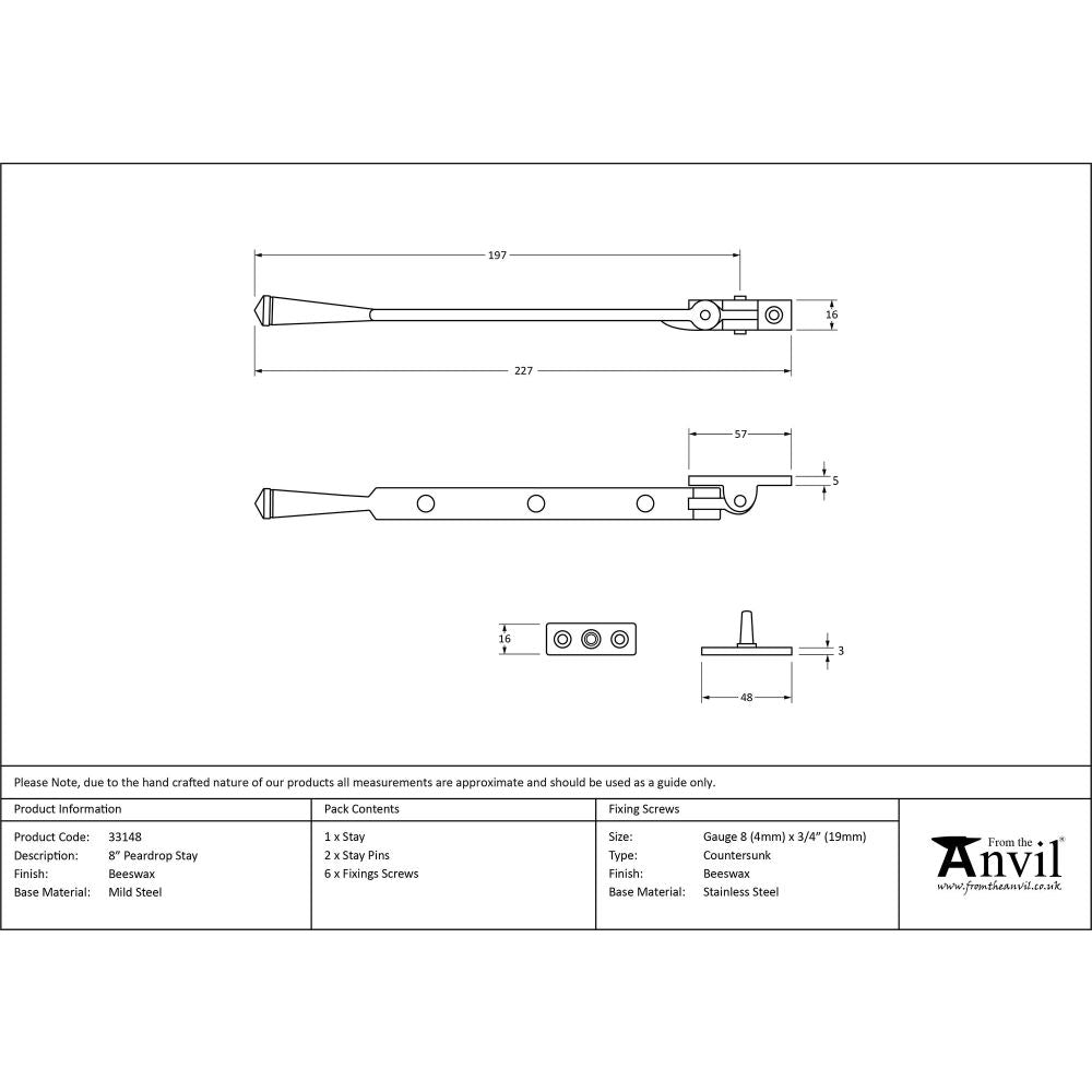 From The Anvil - Beeswax 8" Peardrop Stay | Sku. 33148 | Trade Door Handles.