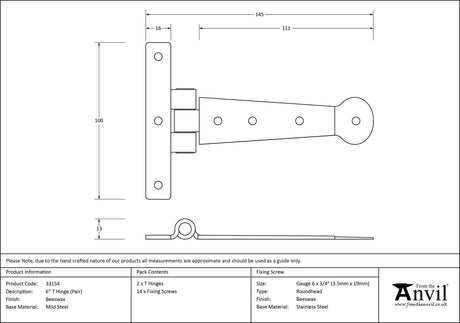 From The Anvil - Beeswax 6" Penny End T Hinge (pair) | Sku. 33154 | Trade Door Handles.
