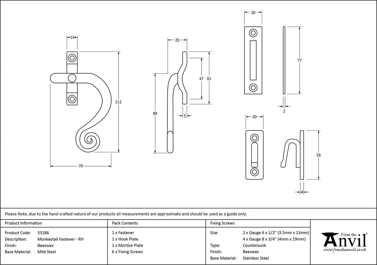 From The Anvil - Beeswax Monkeytail Fastener - RH | Sku. 33186 | Trade Door Handles.