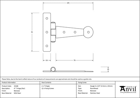 From The Anvil - Beeswax 4" Penny End T Hinge (pair) | Sku. 33188 | Trade Door Handles.