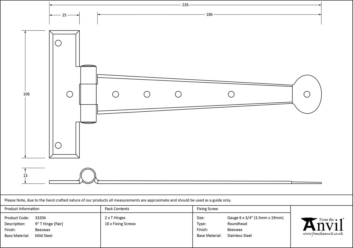 From The Anvil - Beeswax 9" Penny End T Hinge (pair) | Sku. 33204 | Trade Door Handles.
