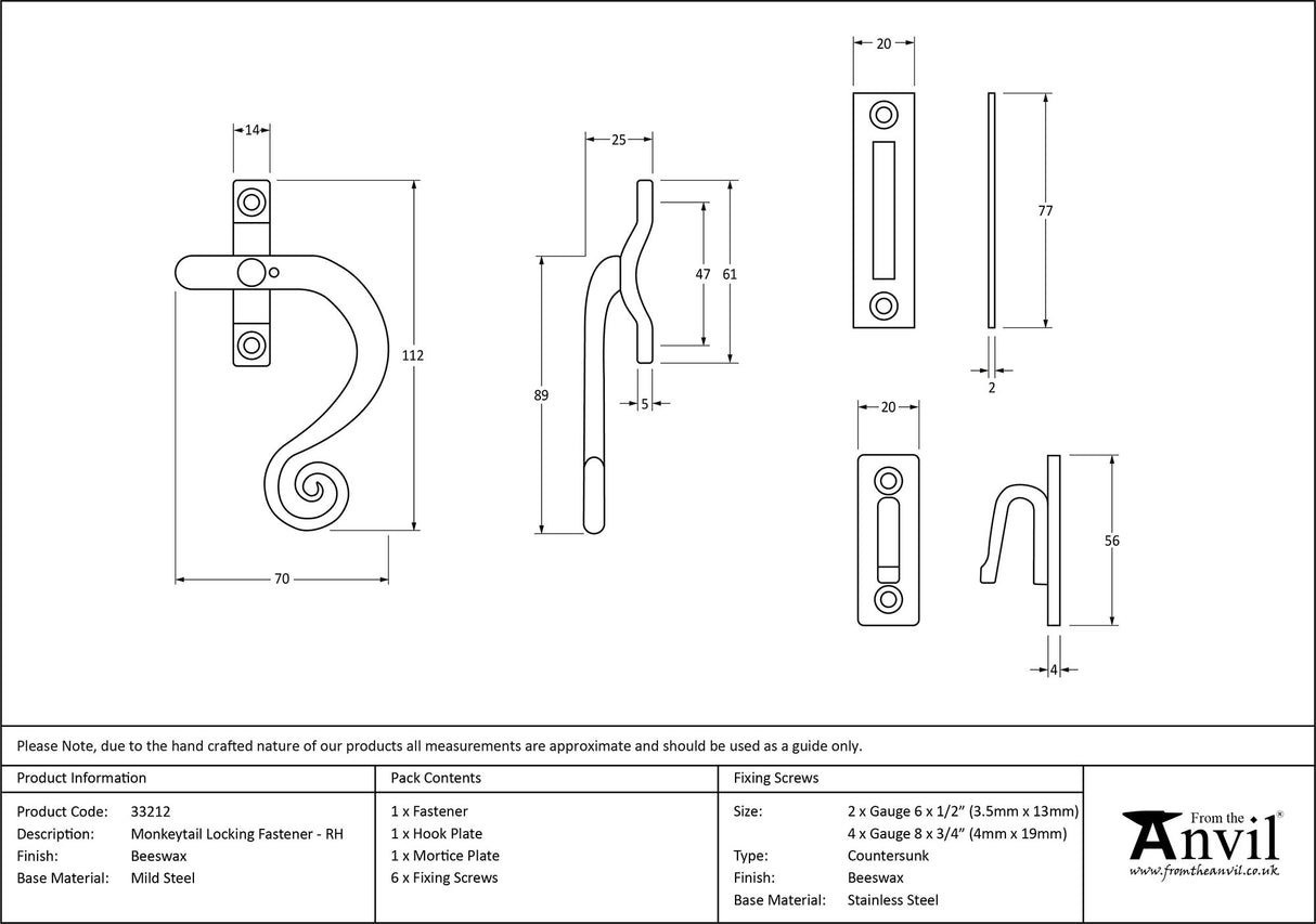 From The Anvil - Beeswax Locking Monkeytail Fastener - RH | Sku. 33212 | Trade Door Handles.