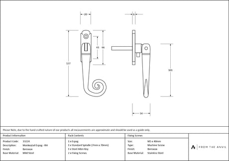 From The Anvil - Beeswax Monkeytail Espag - RH | Sku. 33224 | Trade Door Handles.