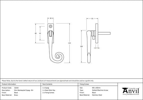 From The Anvil - Black Slim Monkeytail Espag - RH | Sku. 33242 | Trade Door Handles.