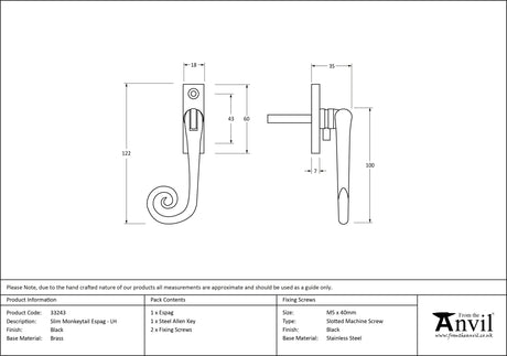 From The Anvil - Black Slim Monkeytail Espag - LH | Sku. 33243 | Trade Door Handles.