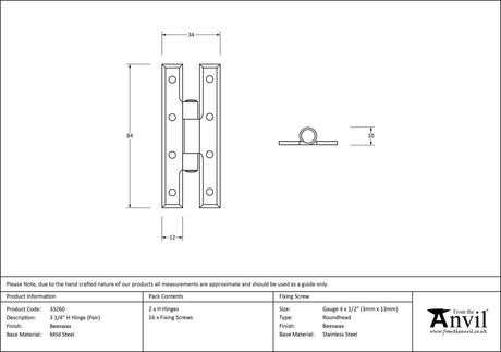 From The Anvil - Beeswax 3¼" H Hinge (pair) | Sku. 33260 | Trade Door Handles.