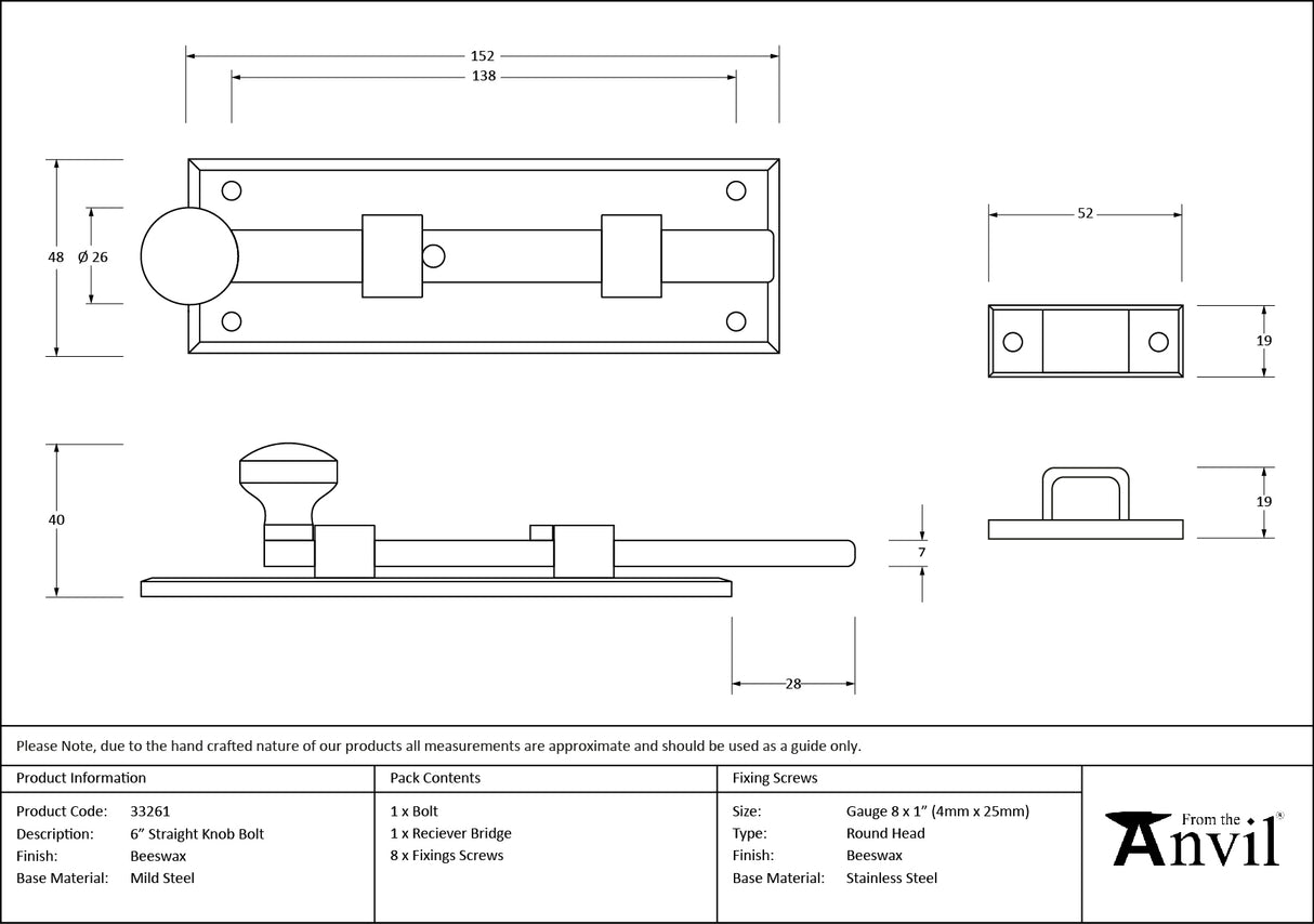 From The Anvil - Beeswax 6" Straight Knob Bolt | Sku. 33261 | Trade Door Handles.