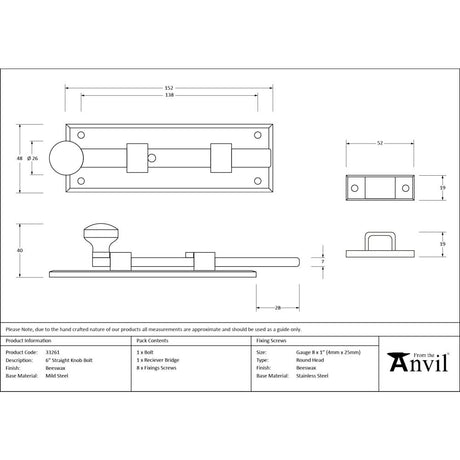 From The Anvil - Beeswax 6" Straight Knob Bolt | Sku. 33261 | Trade Door Handles.
