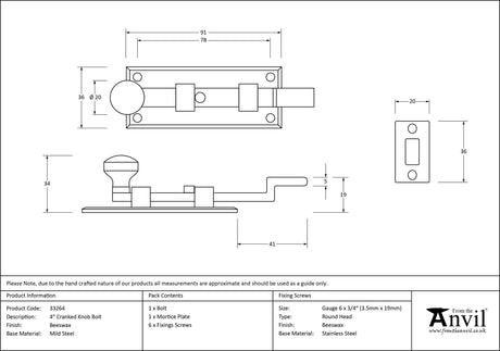 From The Anvil - Beeswax 4" Cranked Knob Bolt | Sku. 33264 | Trade Door Handles.