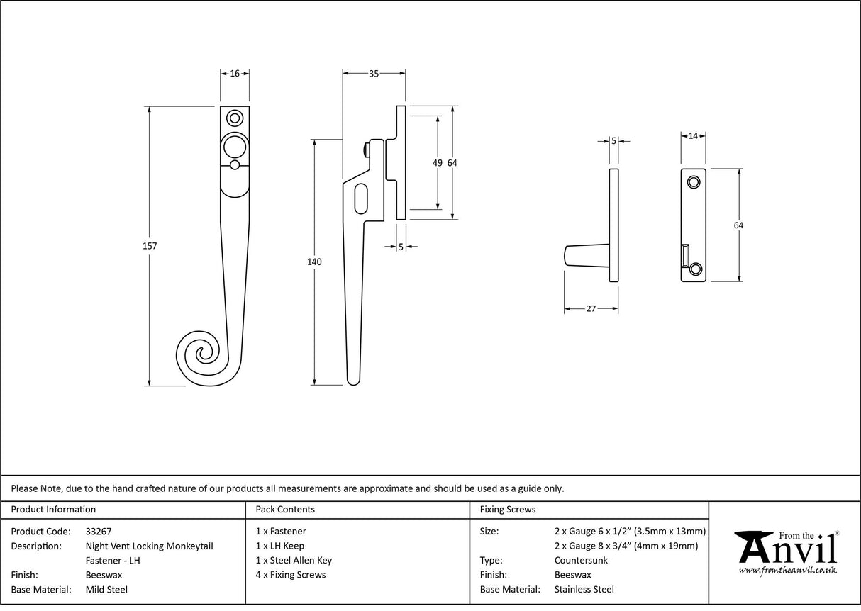 From The Anvil - Beeswax LH Locking Night-vent Monkeytail Fastener | Sku. 33267 | Trade Door Handles.
