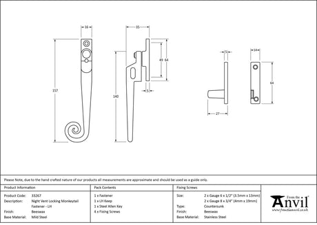 From The Anvil - Beeswax LH Locking Night-vent Monkeytail Fastener | Sku. 33267 | Trade Door Handles.