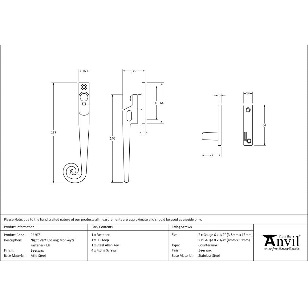 From The Anvil - Beeswax LH Locking Night-vent Monkeytail Fastener | Sku. 33267 | Trade Door Handles.