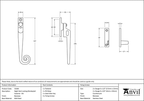 From The Anvil - Beeswax RH Locking Night-vent Monkeytail Fastener | Sku. 33268 | Trade Door Handles.
