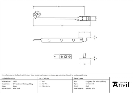 From The Anvil - Black 8" Handmade Monkeytail Stay | Sku. 33281 | Trade Door Handles.