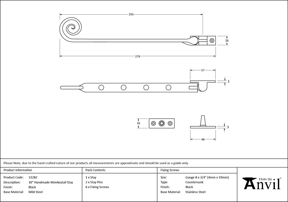 From The Anvil - Black 10" Handmade Monkeytail Stay | Sku. 33282 | Trade Door Handles.