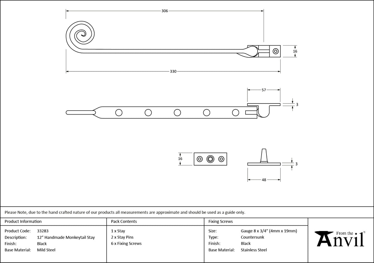 From The Anvil - Black 12" Handmade Monkeytail Stay | Sku. 33283 | Trade Door Handles.