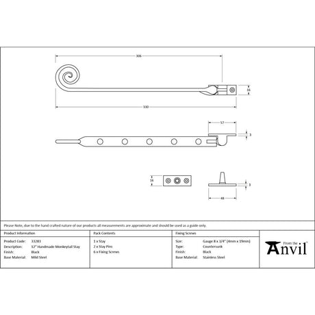 From The Anvil - Black 12" Handmade Monkeytail Stay | Sku. 33283 | Trade Door Handles.
