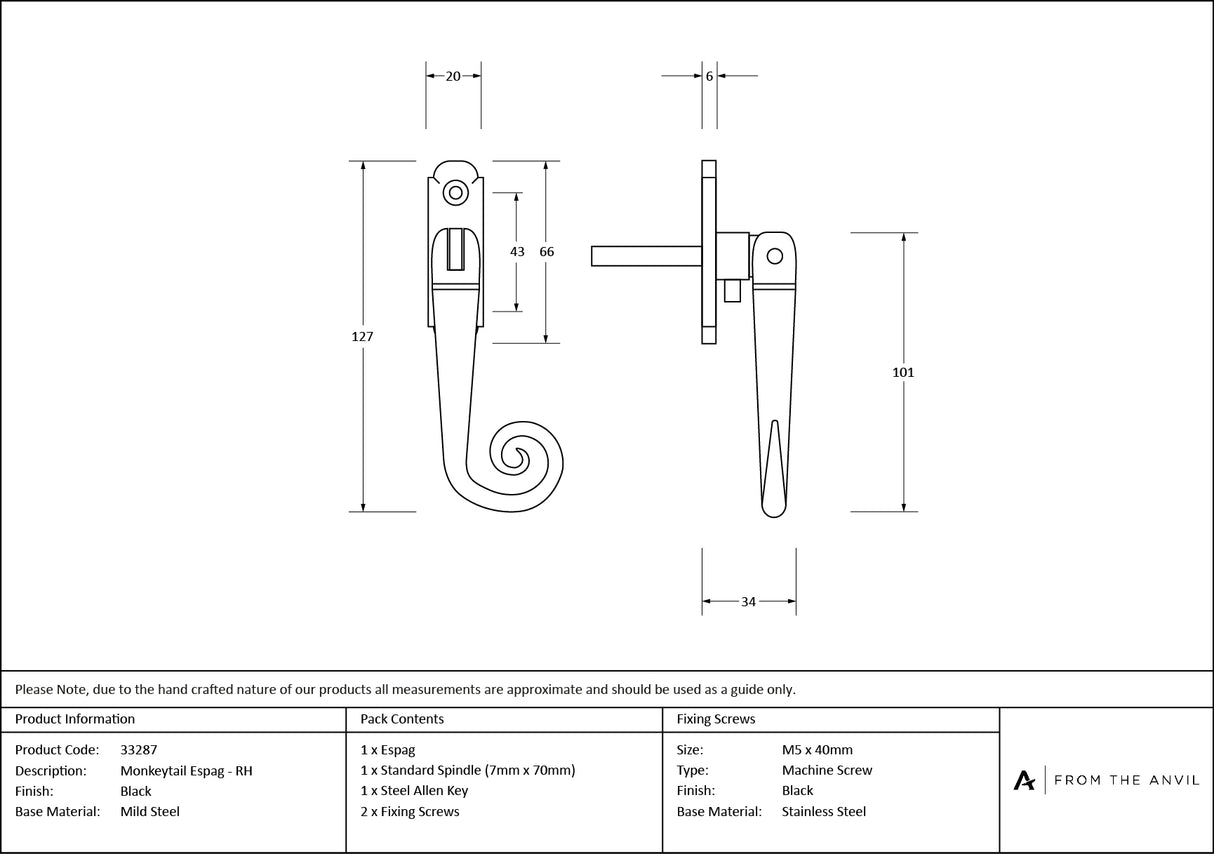 From The Anvil - Black Monkeytail Espag - RH | Sku. 33287 | Trade Door Handles.