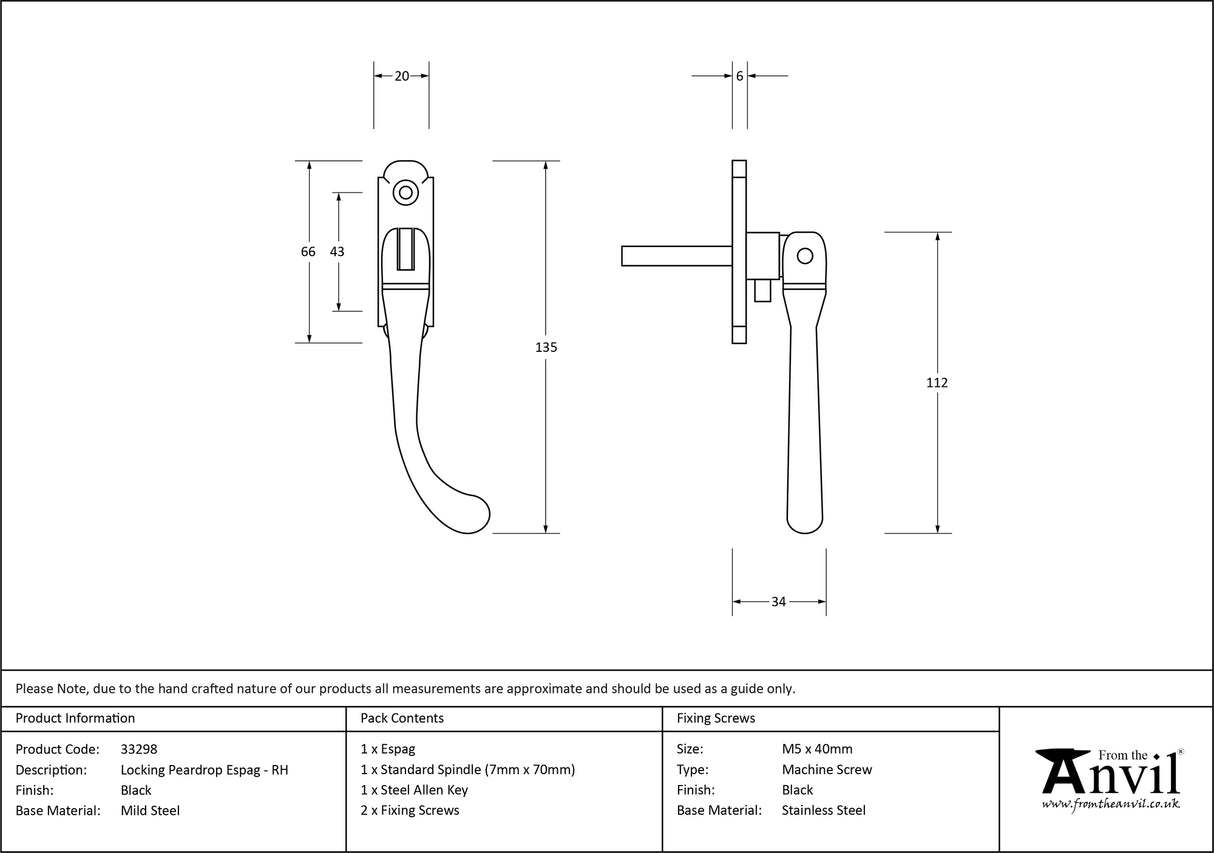 From The Anvil - Black Locking Peardrop Espag - RH | Sku. 33298 | Trade Door Handles.