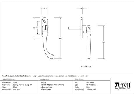 From The Anvil - Black Locking Peardrop Espag - RH | Sku. 33298 | Trade Door Handles.