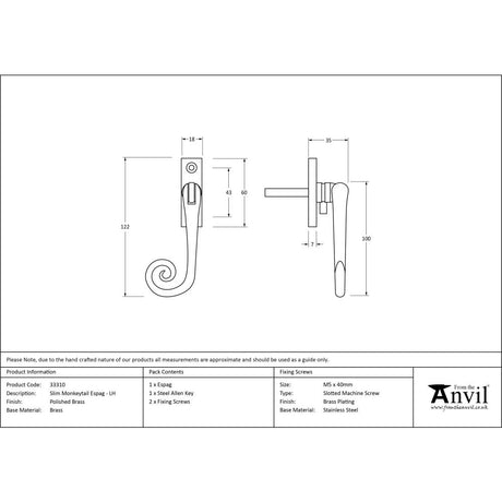 From The Anvil - Polished Brass Slim Monkeytail Espag - LH | Sku. 33310 | Trade Door Handles.