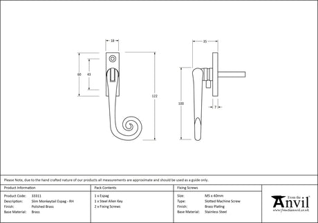 From The Anvil - Polished Brass Slim Monkeytail Espag - RH | Sku. 33311 | Trade Door Handles.