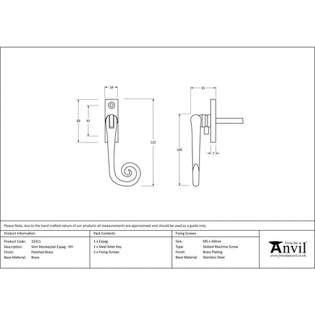 From The Anvil - Polished Brass Slim Monkeytail Espag - RH | Sku. 33311 | Trade Door Handles.