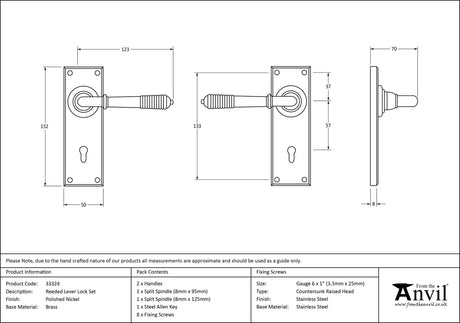 From The Anvil - Polished Nickel Reeded Lever Lock Set | Sku. 33324 | Trade Door Handles.
