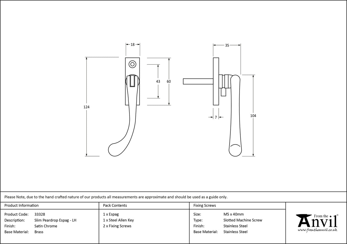 From The Anvil - Satin Chrome Slim Peardrop Espag - LH | Sku. 33328 | Trade Door Handles.