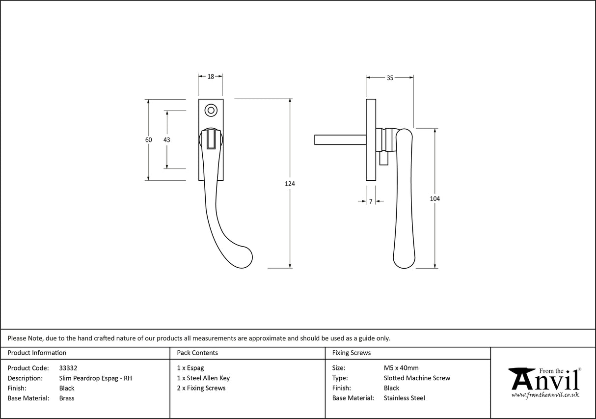 From The Anvil - Black Slim Peardrop Espag - RH | Sku. 33332 | Trade Door Handles.