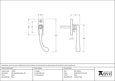 From The Anvil - Black Slim Peardrop Espag - RH | Sku. 33332 | Trade Door Handles.