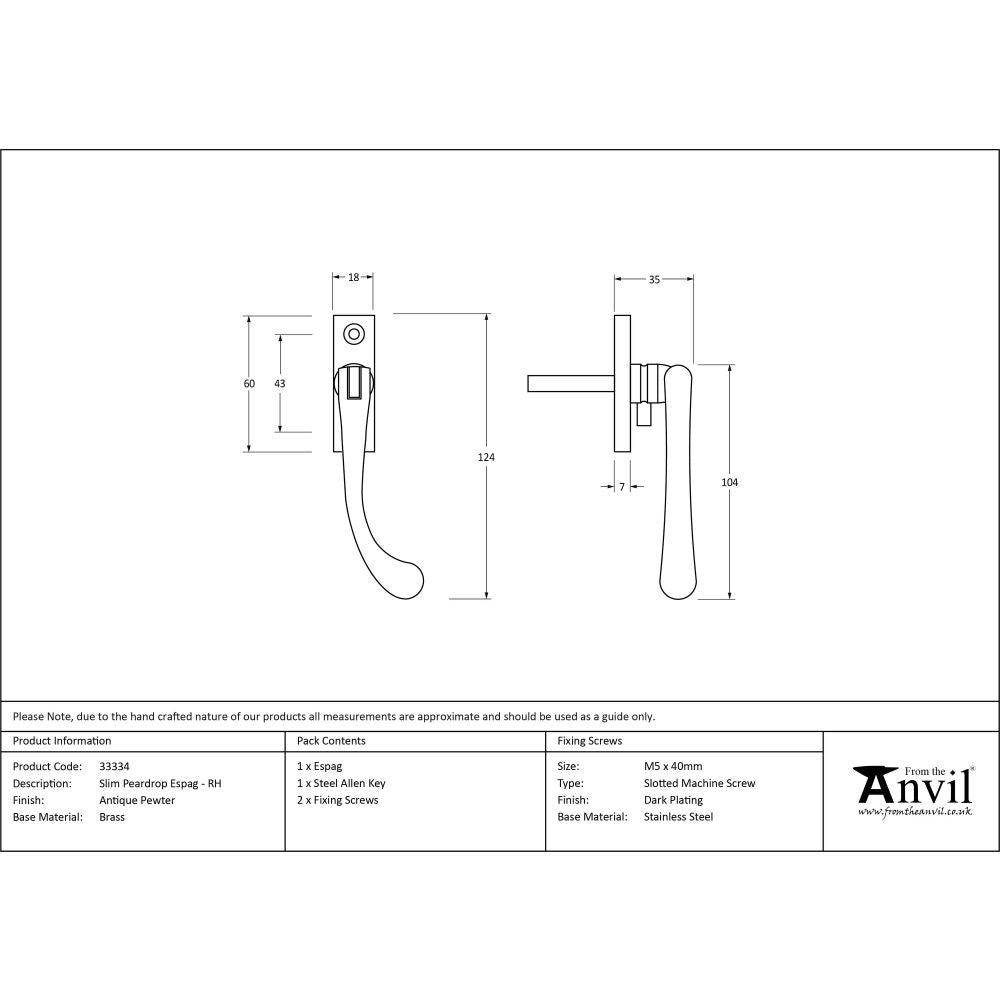 From The Anvil - Antique Pewter Slim Peardrop Espag - RH | Sku. 33334 | Trade Door Handles.
