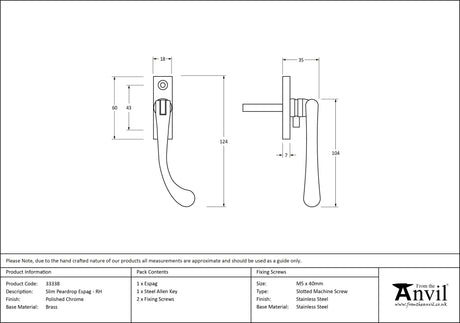 From The Anvil - Polished Chrome Slim Peardrop Espag - RH | Sku. 33338 | Trade Door Handles.