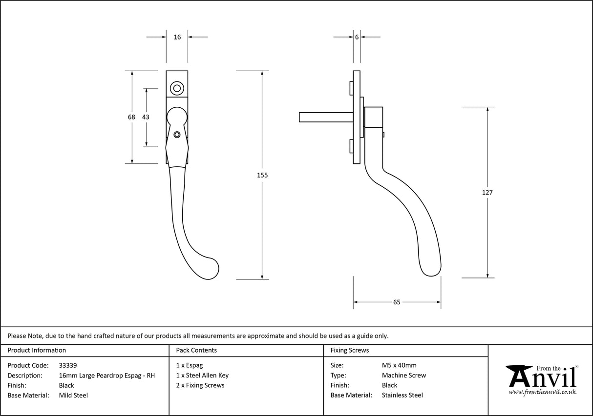 From The Anvil - Black Large 16mm Peardrop Espag - RH | Sku. 33339 | Trade Door Handles.