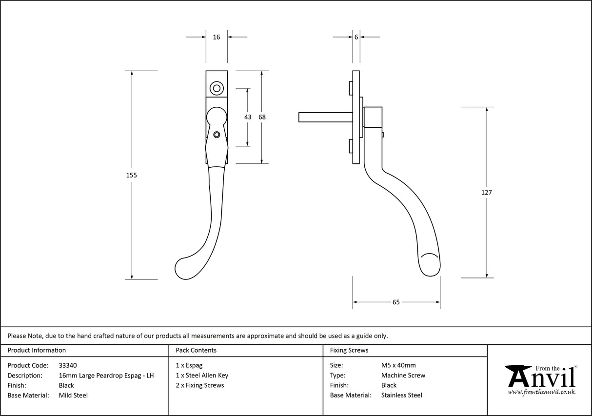From The Anvil - Black Large 16mm Peardrop Espag - LH | Sku. 33340 | Trade Door Handles.