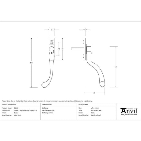 From The Anvil - Black Large 16mm Peardrop Espag - LH | Sku. 33340 | Trade Door Handles.