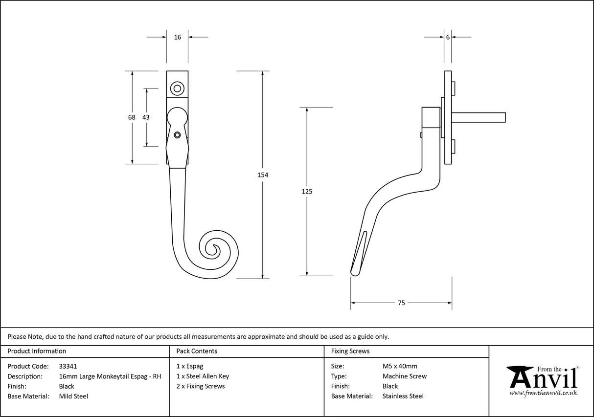 From The Anvil - Black Large 16mm Monkeytail Espag - RH | Sku. 33341 | Trade Door Handles.