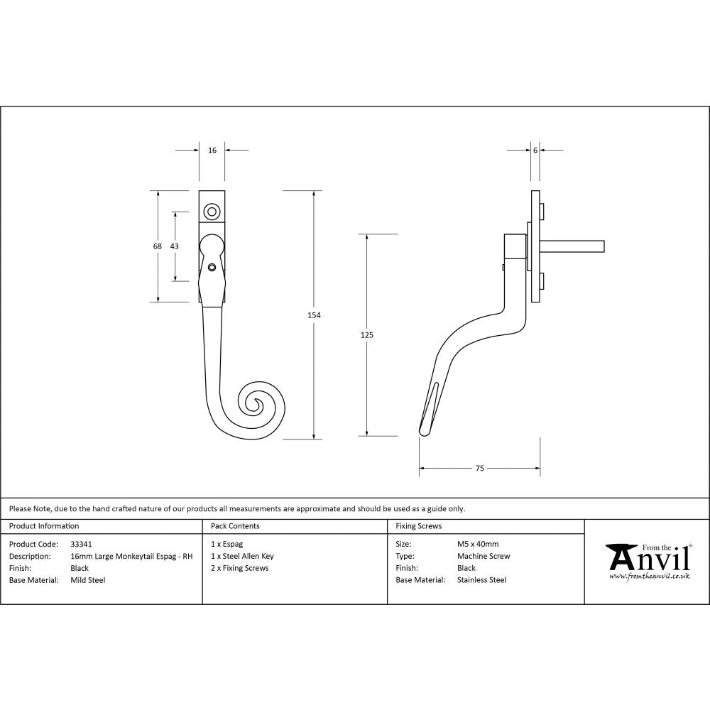 From The Anvil - Black Large 16mm Monkeytail Espag - RH | Sku. 33341 | Trade Door Handles.