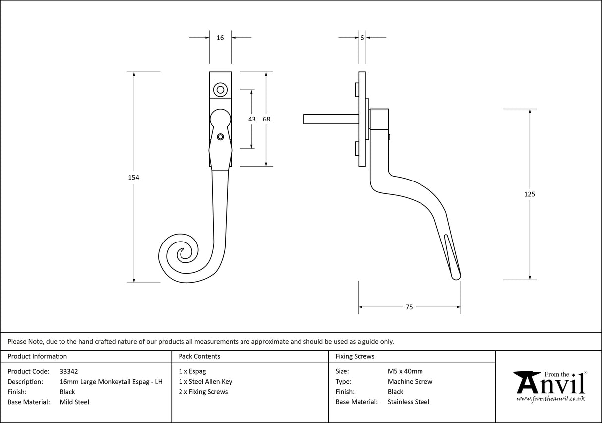 From The Anvil - Black Large 16mm Monkeytail Espag - LH | Sku. 33342 | Trade Door Handles.