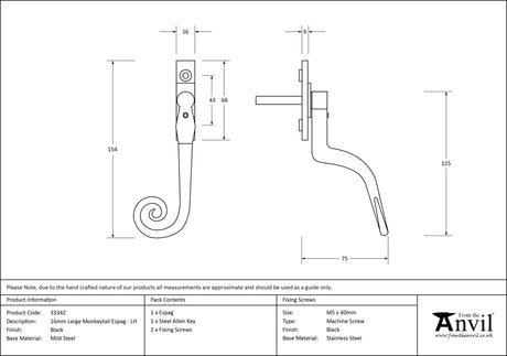From The Anvil - Black Large 16mm Monkeytail Espag - LH | Sku. 33342 | Trade Door Handles.