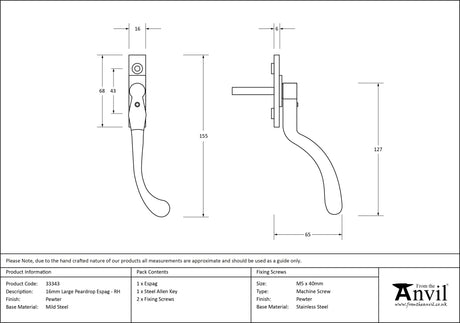 From The Anvil - Pewter Large 16mm Peardrop Espag - RH | Sku. 33343 | Trade Door Handles.